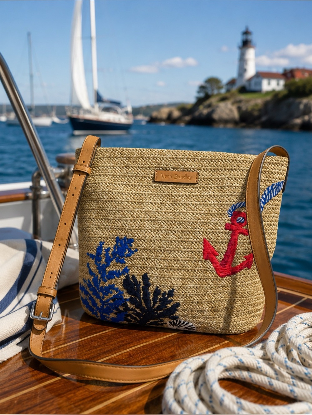Vera Bradley Straw Crossbody Bag Nautical Beachy Summer Leather Strap